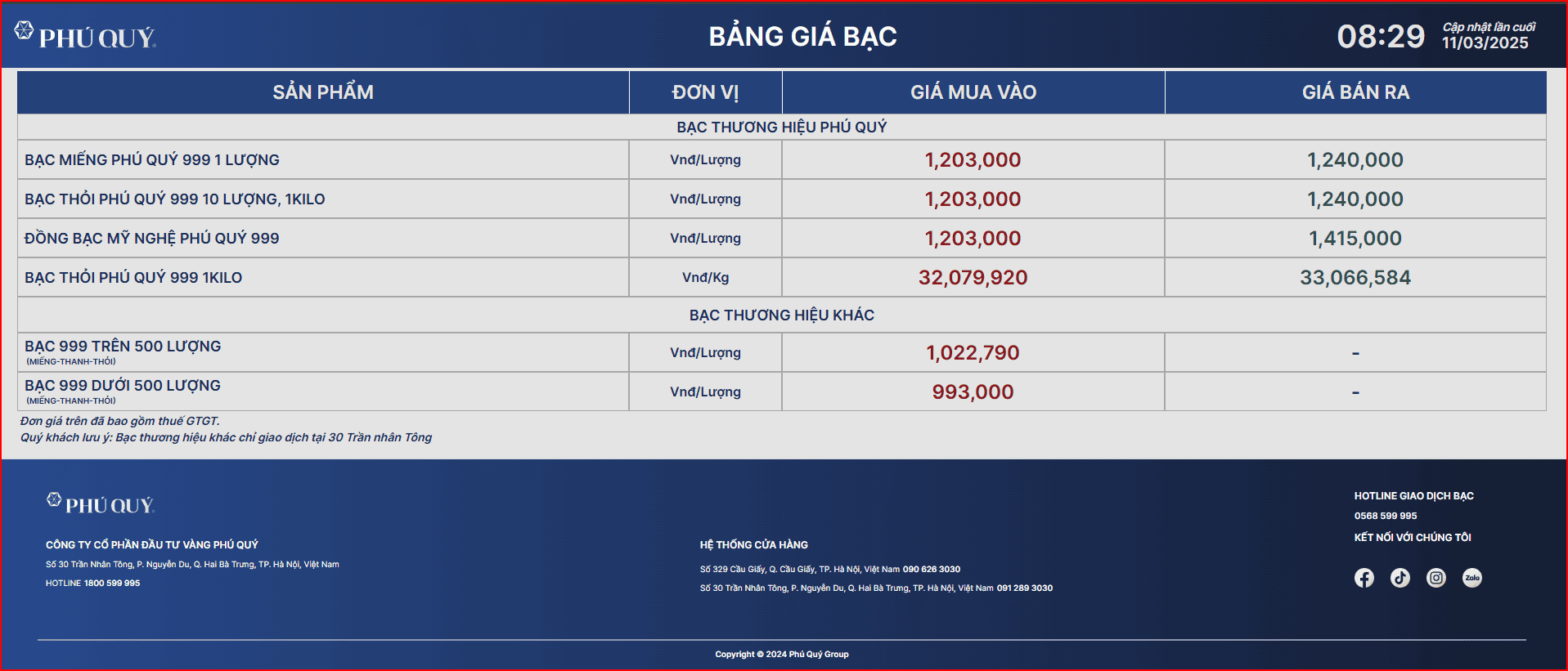 Bảng giá bạc Phú Quý hôm nay 11/3/2025