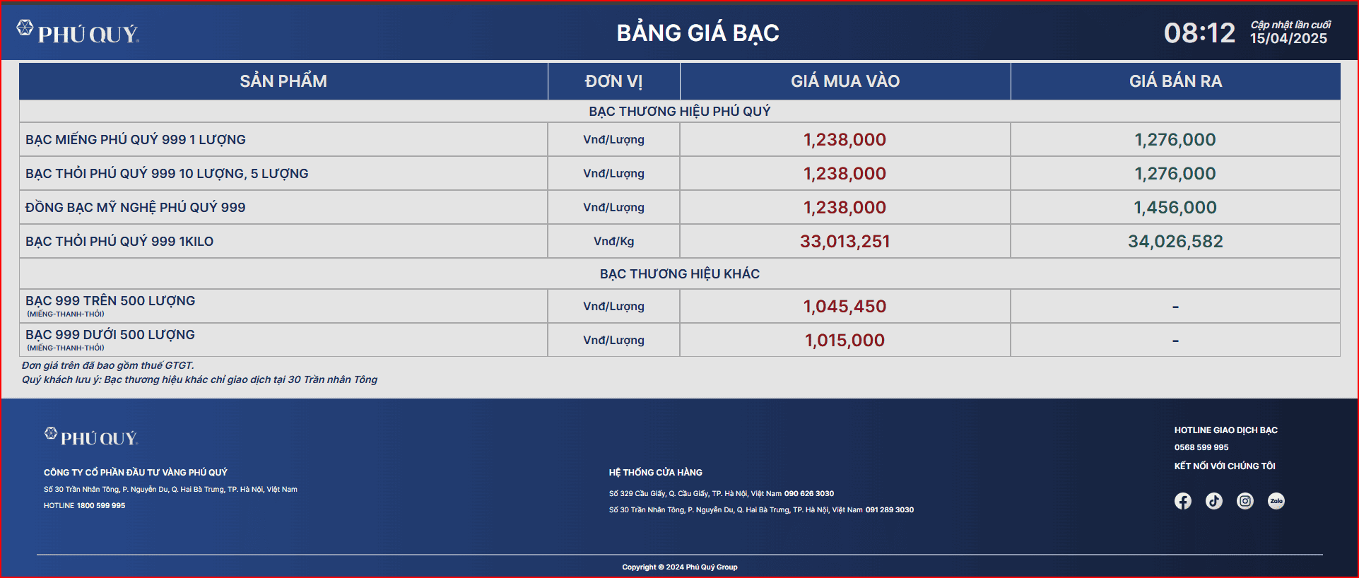 Bảng giá bạc hôm nay (15/04/2025)