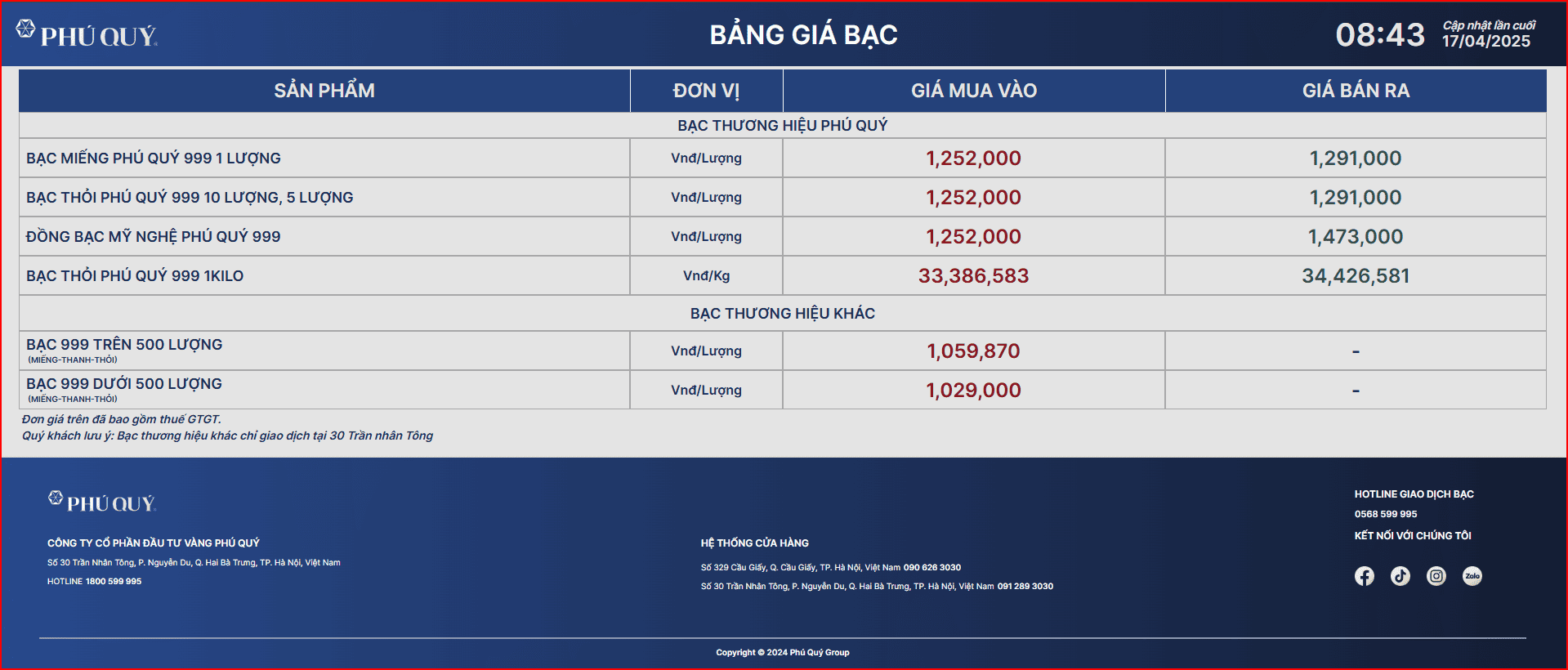 Bảng giá bạc hôm nay (17/04/2025)