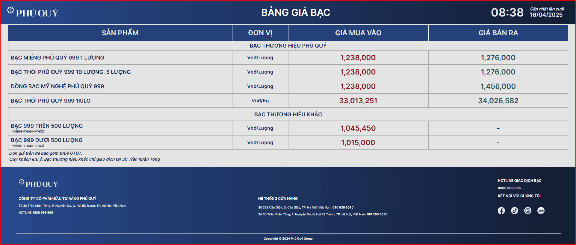 Bảng giá bạc hôm nay (16/04/2025)